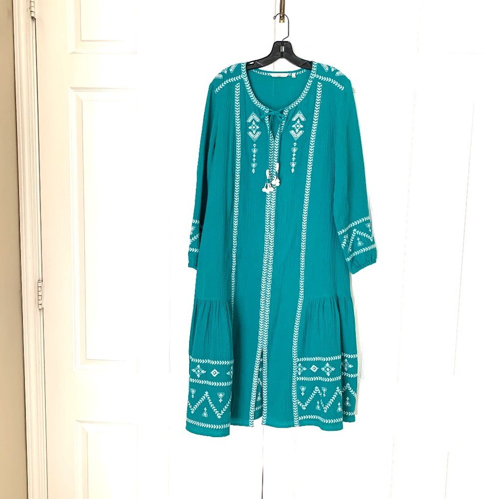 SOFT SURROUNDINGS Embroidered Gauzy Midi Long Sleeve Dress